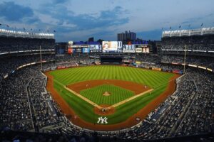 Exterior of Yankee Stadium in the Bronx showing main entrance and stadium facade